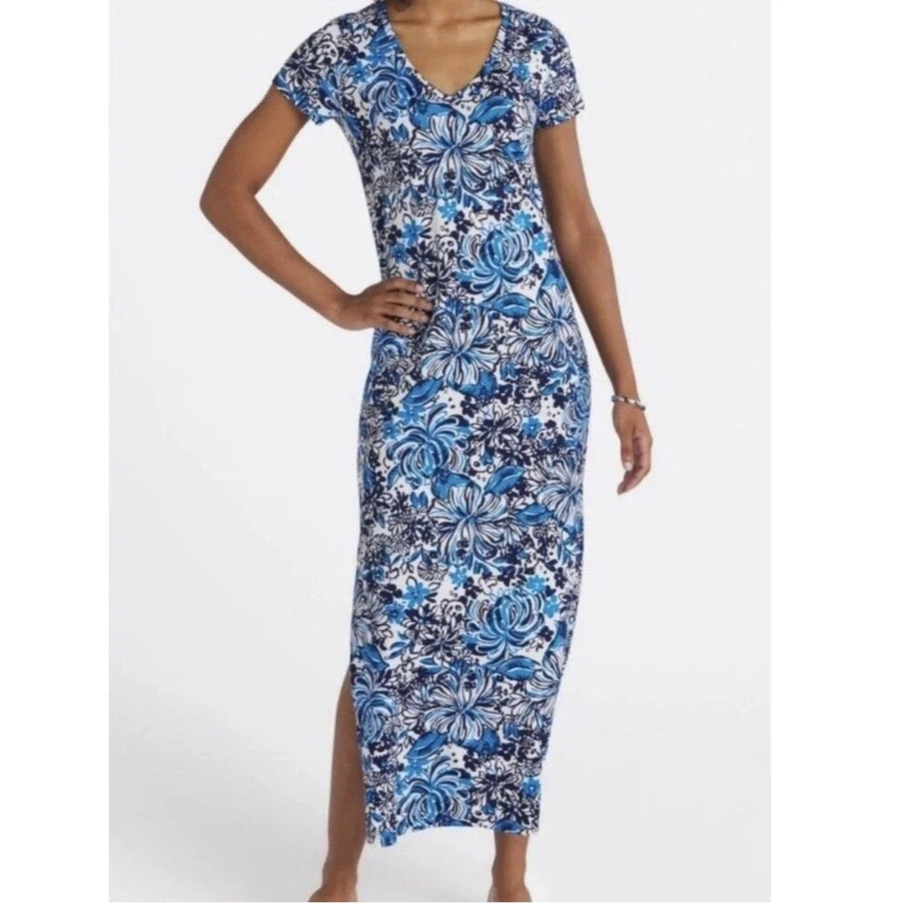 NWOT Lilly Pulitzer Etta Maxi Dress XL Blue White Floral Pima Cotton V-Neck Slit